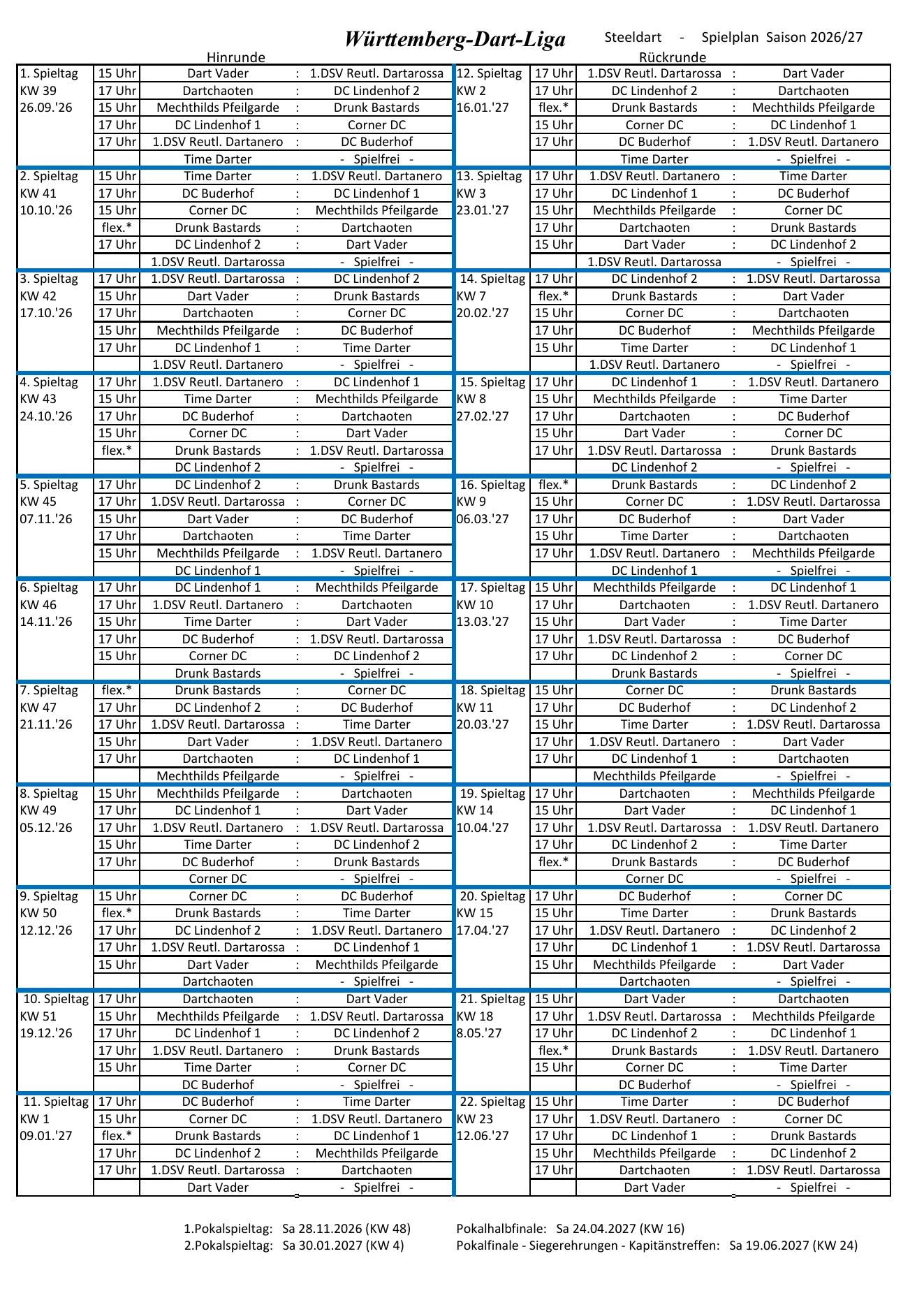 Württemberg-Dart-Liga Spielplan Saison 2026/27
